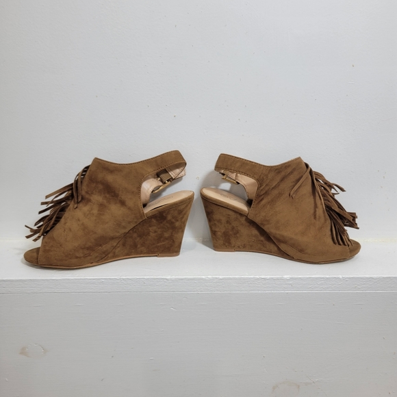 Open Back Cowgirl Fringed Open Toed Brown Suede Sandal Wedges size 6.5 - Picture 10 of 10